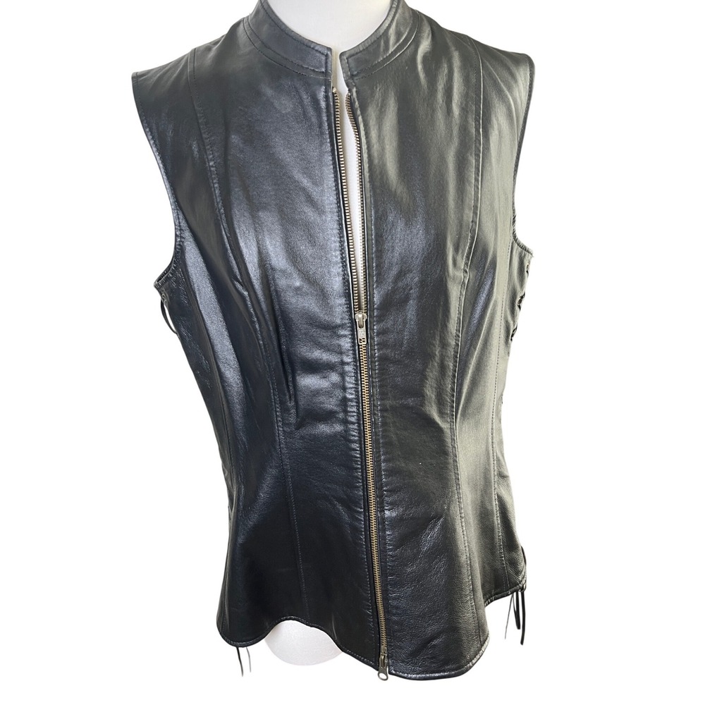 Black Leather Moto Vest Lace Up Sides Zip Front Newport‎ News Womens 12